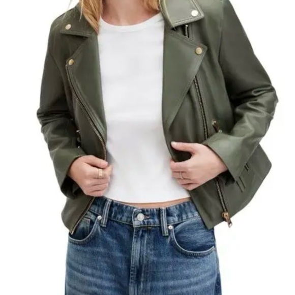 All Saints Dalby Biker 100% lamb leather moto jacket sage green size 6 NWT - Picture 3 of 14